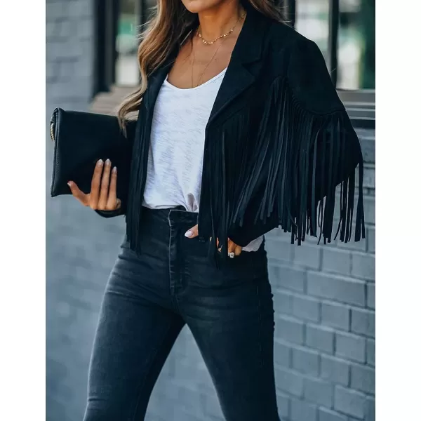 CHARTOU Casual Faux Leather Jacket Women Motorcycle Jacket Fringe Cropped Jacket Utility Tassel Suede Moto Jacket