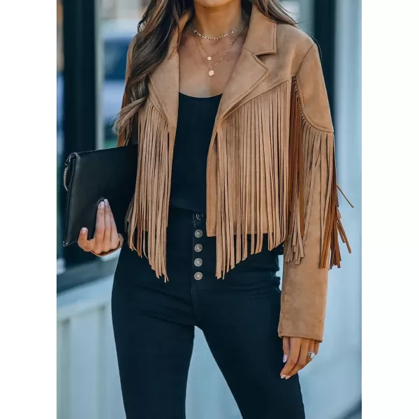 CHARTOU Casual Faux Leather Jacket Women Motorcycle Jacket Fringe Cropped Jacket Utility Tassel Suede Moto Jacket
