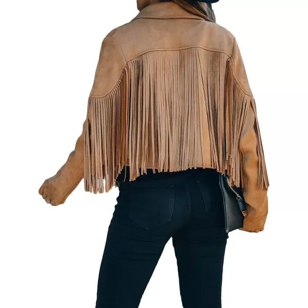 CHARTOU Casual Faux Leather Jacket Women Motorcycle Jacket Fringe Cropped Jacket Utility Tassel Suede Moto Jacket