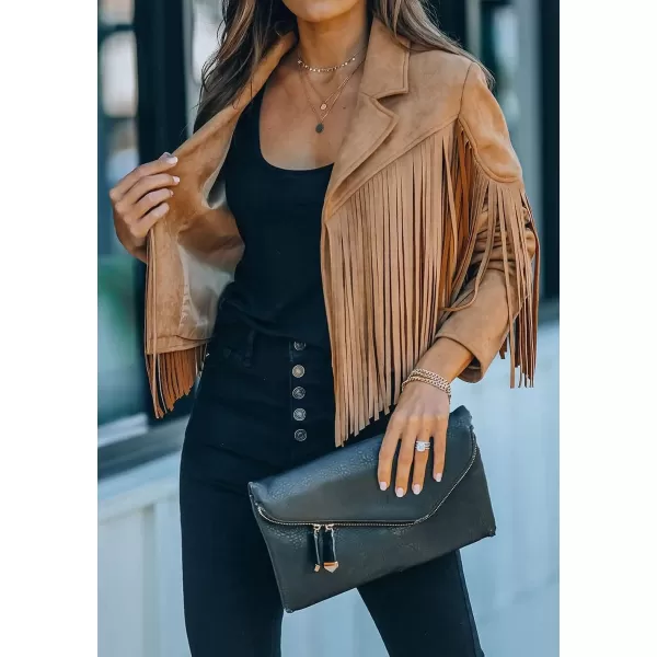 CHARTOU Casual Faux Leather Jacket Women Motorcycle Jacket Fringe Cropped Jacket Utility Tassel Suede Moto Jacket