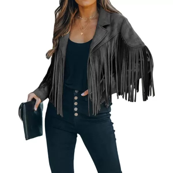 CHARTOU Casual Faux Leather Jacket Women Motorcycle Jacket Fringe Cropped Jacket Utility Tassel Suede Moto Jacket