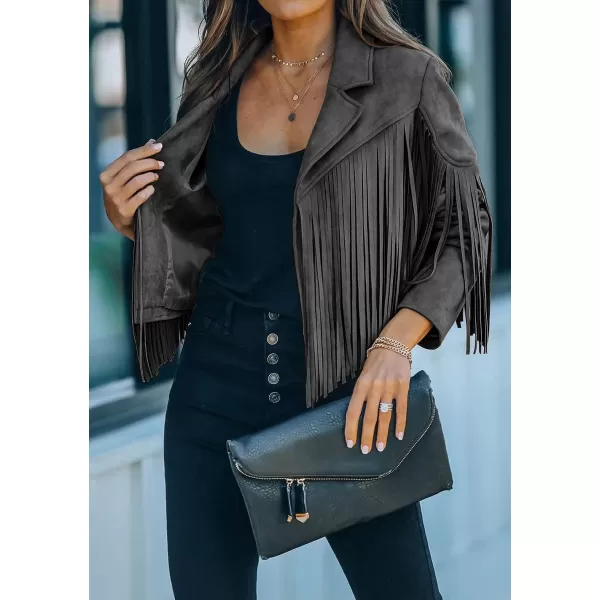 CHARTOU Casual Faux Leather Jacket Women Motorcycle Jacket Fringe Cropped Jacket Utility Tassel Suede Moto Jacket