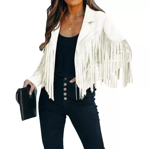 CHARTOU Casual Faux Leather Jacket Women Motorcycle Jacket Fringe Cropped Jacket Utility Tassel Suede Moto Jacket