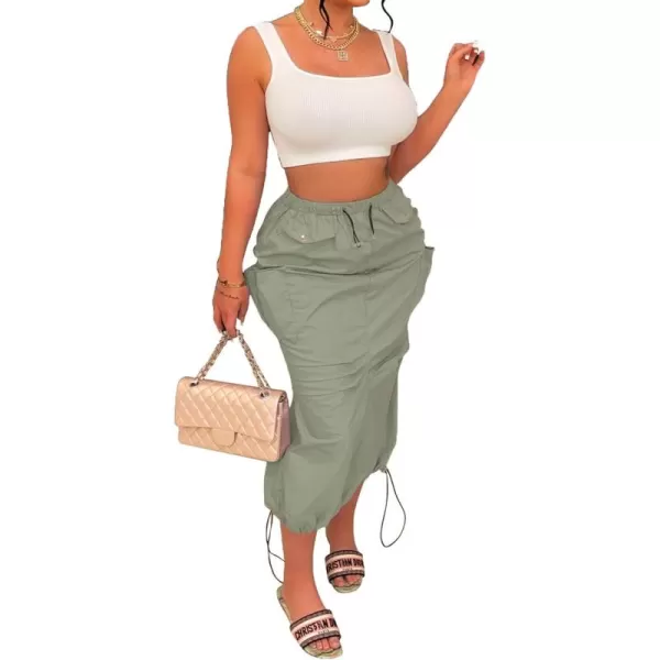 CHARTOU Casual Long Cargo Skirt for Women Drawstring Cargo Maxi Skirt with Pockets Parachute Pencil Skirt Y2k