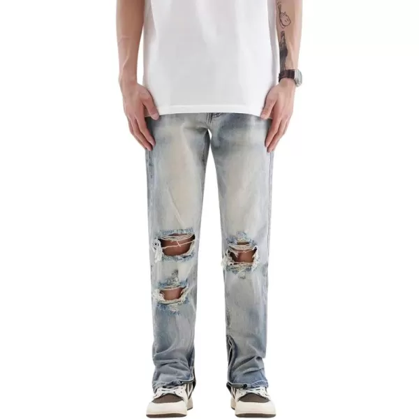 CHARTOU Men Casual Ripped Mid Rise Straight Leg Jeans Distressed Lounge Denim Pants