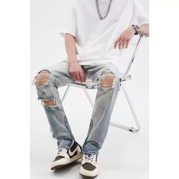 CHARTOU Men Casual Ripped Mid Rise Straight Leg Jeans Distressed Lounge Denim Pants