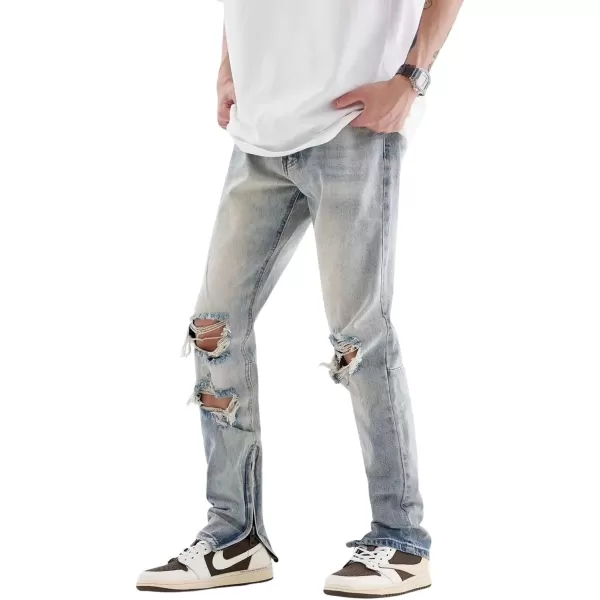 CHARTOU Men Casual Ripped Mid Rise Straight Leg Jeans Distressed Lounge Denim Pants