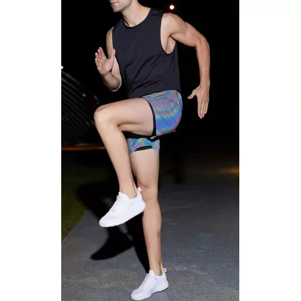CHARTOU Men Trendy Rainbow Reflective Workout Running Shorts Lightweight Fluorescent Biker Shorts