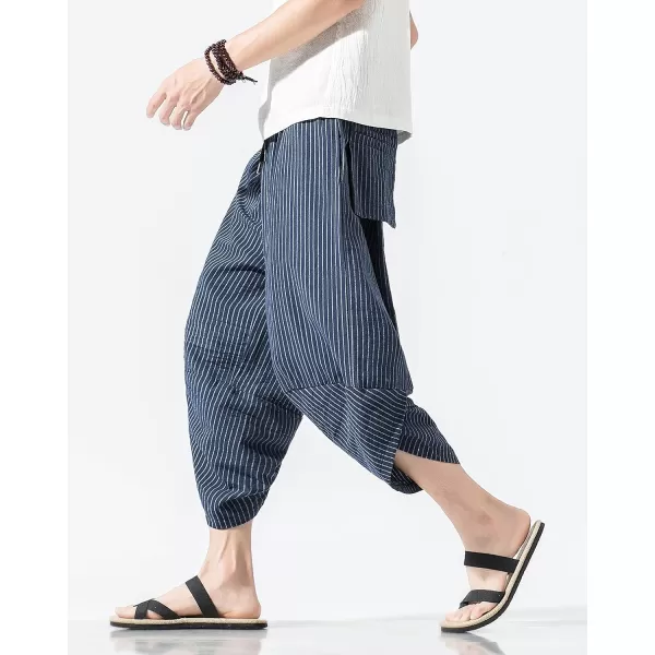 CHARTOU Men's Baggy Drawstring Waist Stripes Wide-Leg Lightweight Harem Beach Capri Pants