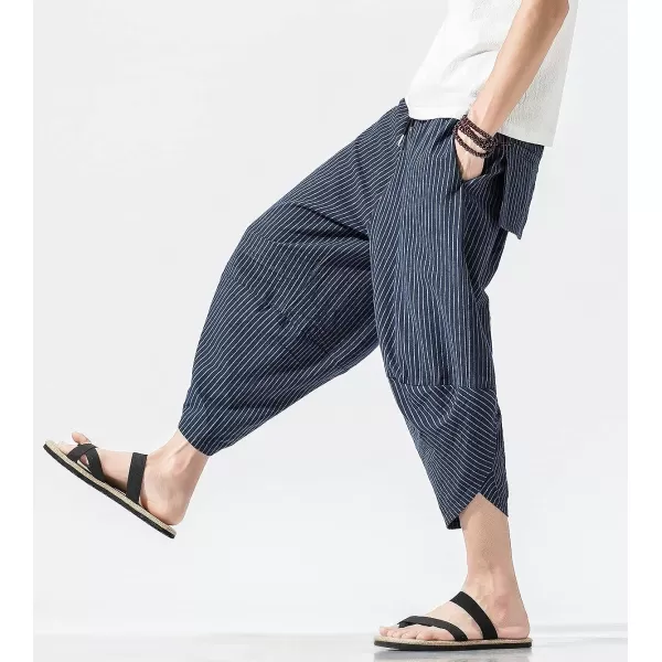 CHARTOU Men's Baggy Drawstring Waist Stripes Wide-Leg Lightweight Harem Beach Capri Pants