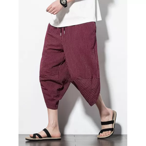 CHARTOU Men's Baggy Drawstring Waist Stripes Wide-Leg Lightweight Harem Beach Capri Pants