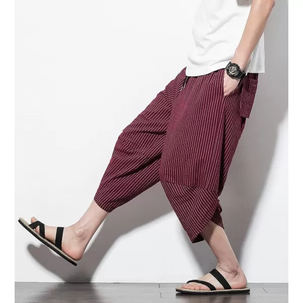 CHARTOU Men's Baggy Drawstring Waist Stripes Wide-Leg Lightweight Harem Beach Capri Pants