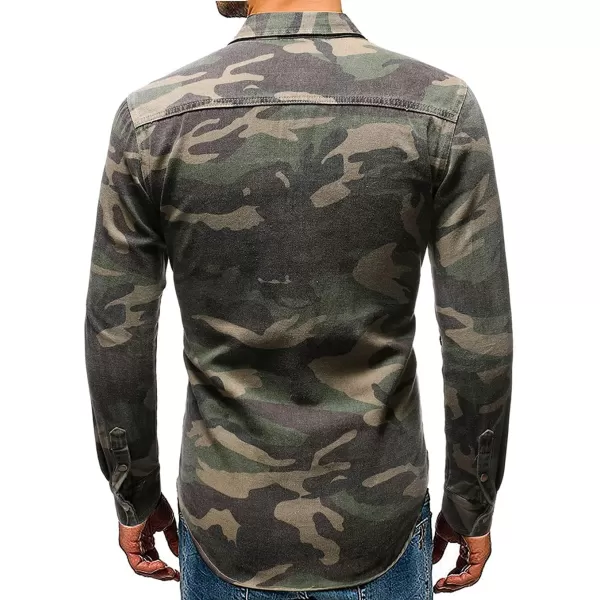 CHARTOU Men's Camo Button Denim Shirt Military Long Sleeve Outdoor Cargo Shirt with Pockets