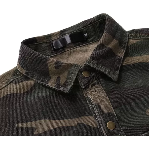 CHARTOU Men's Camo Button Denim Shirt Military Long Sleeve Outdoor Cargo Shirt with Pockets