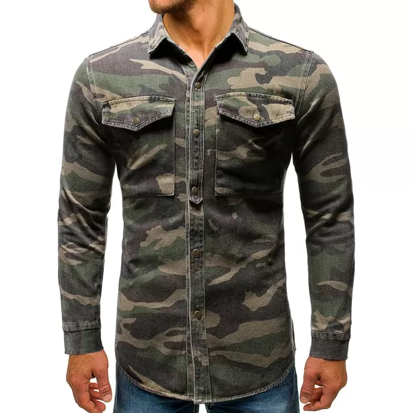 CHARTOU Men's Camo Button Denim Shirt Military Long Sleeve Outdoor Cargo Shirt with Pockets