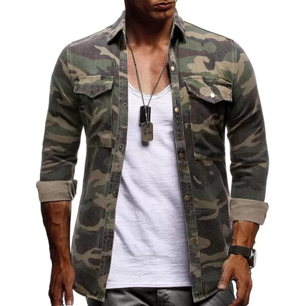 CHARTOU Men's Camo Button Denim Shirt Military Long Sleeve Outdoor Cargo Shirt with Pockets