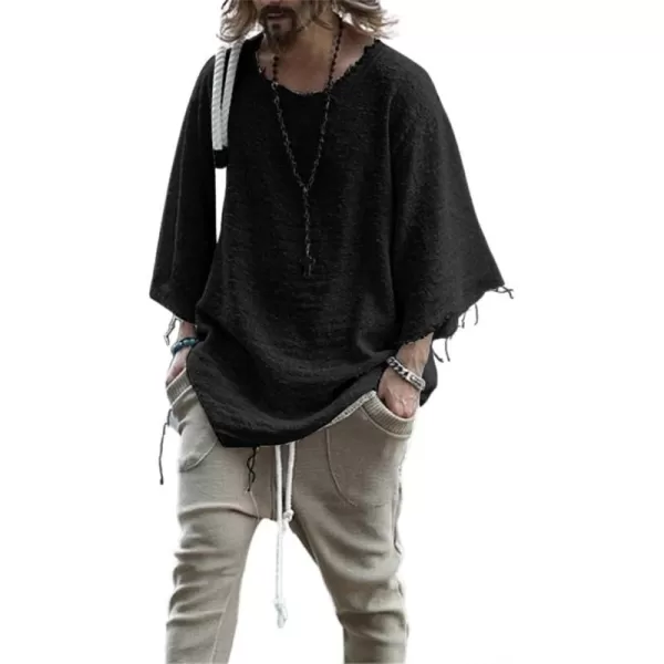CHARTOU Men's Casual Crew Neck Drop Shoulder 3/4 Sleeve Frayed Fringed Top Shirt