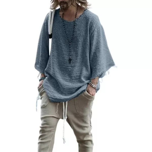CHARTOU Men's Casual Crew Neck Drop Shoulder 3/4 Sleeve Frayed Fringed Top Shirt