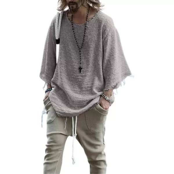 CHARTOU Men's Casual Crew Neck Drop Shoulder 3/4 Sleeve Frayed Fringed Top Shirt