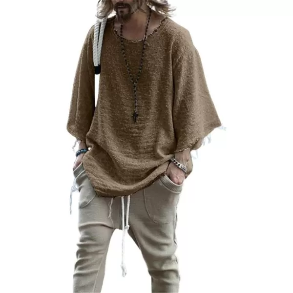 CHARTOU Men's Casual Crew Neck Drop Shoulder 3/4 Sleeve Frayed Fringed Top Shirt