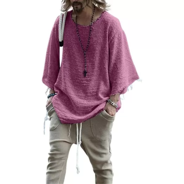 CHARTOU Men's Casual Crew Neck Drop Shoulder 3/4 Sleeve Frayed Fringed Top Shirt
