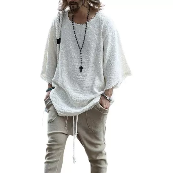 CHARTOU Men's Casual Crew Neck Drop Shoulder 3/4 Sleeve Frayed Fringed Top Shirt