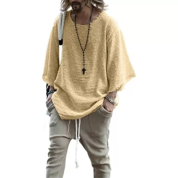CHARTOU Men's Casual Crew Neck Drop Shoulder 3/4 Sleeve Frayed Fringed Top Shirt