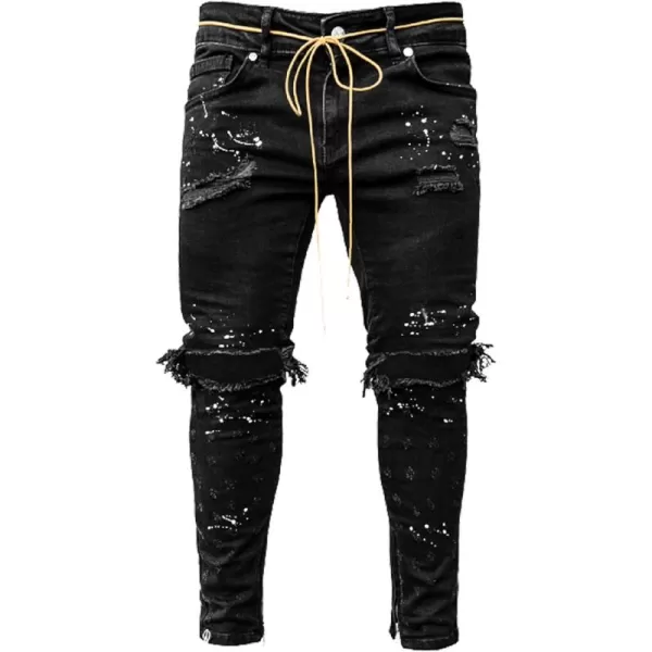 CHARTOU Men's Distressed Paint Splatter Zipper Tapered Leg Denim Jeans Pants