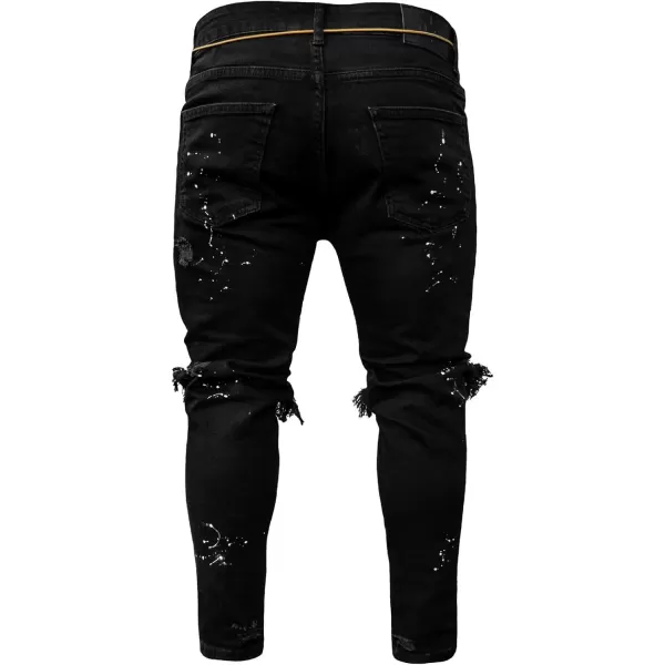 CHARTOU Men's Distressed Paint Splatter Zipper Tapered Leg Denim Jeans Pants