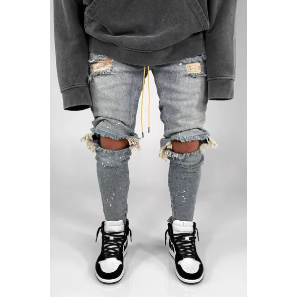 CHARTOU Men's Distressed Paint Splatter Zipper Tapered Leg Denim Jeans Pants