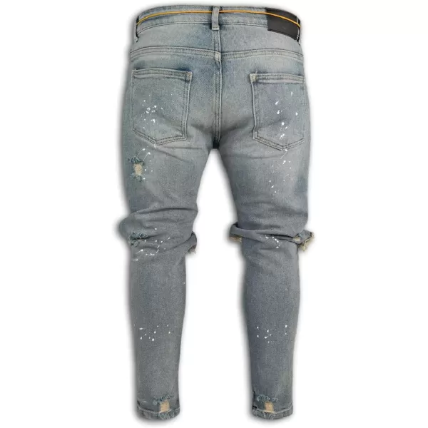 CHARTOU Men's Distressed Paint Splatter Zipper Tapered Leg Denim Jeans Pants