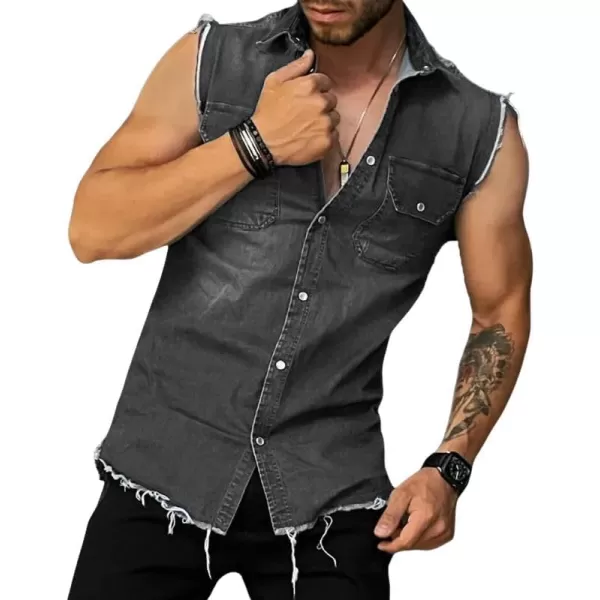 CHARTOU Men's Distressed Ripped Slim Fit Button Down Sleeveless Denim Vest Shirt Tank Tops