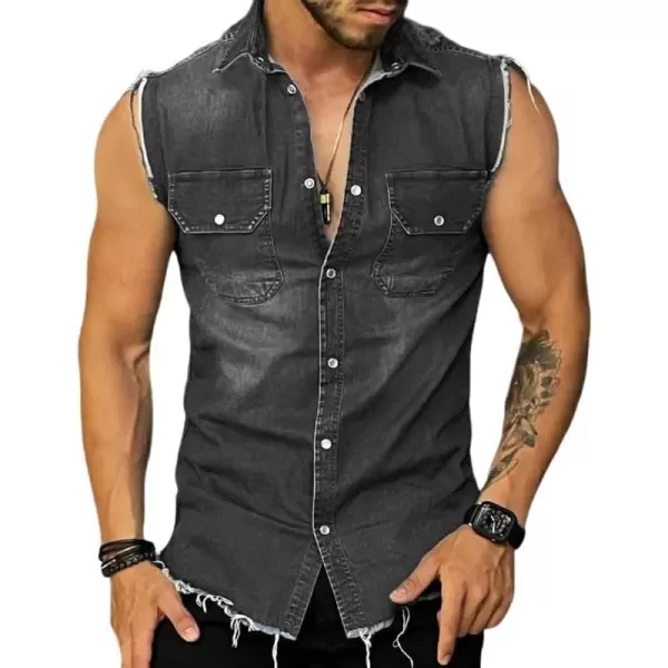CHARTOU Men's Distressed Ripped Slim Fit Button Down Sleeveless Denim Vest Shirt Tank Tops