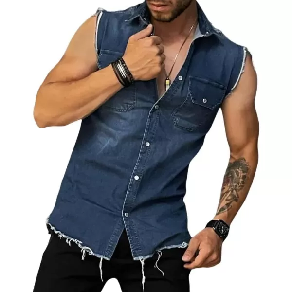 CHARTOU Men's Distressed Ripped Slim Fit Button Down Sleeveless Denim Vest Shirt Tank Tops