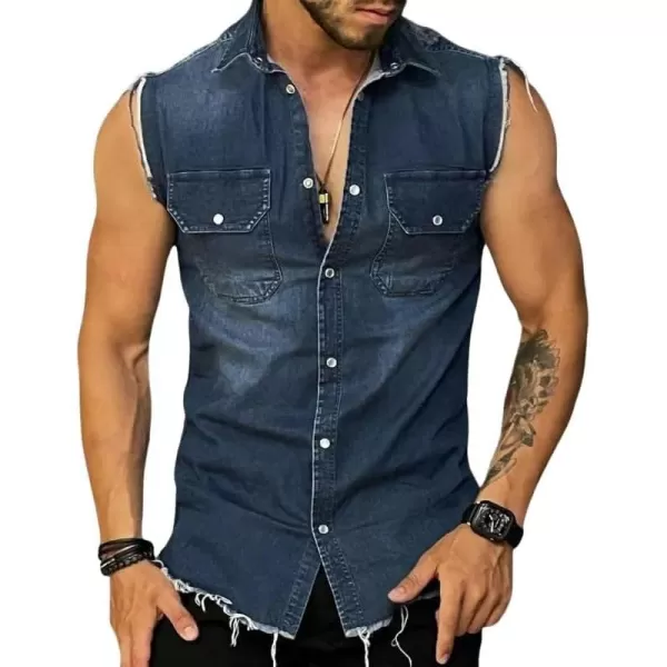 CHARTOU Men's Distressed Ripped Slim Fit Button Down Sleeveless Denim Vest Shirt Tank Tops