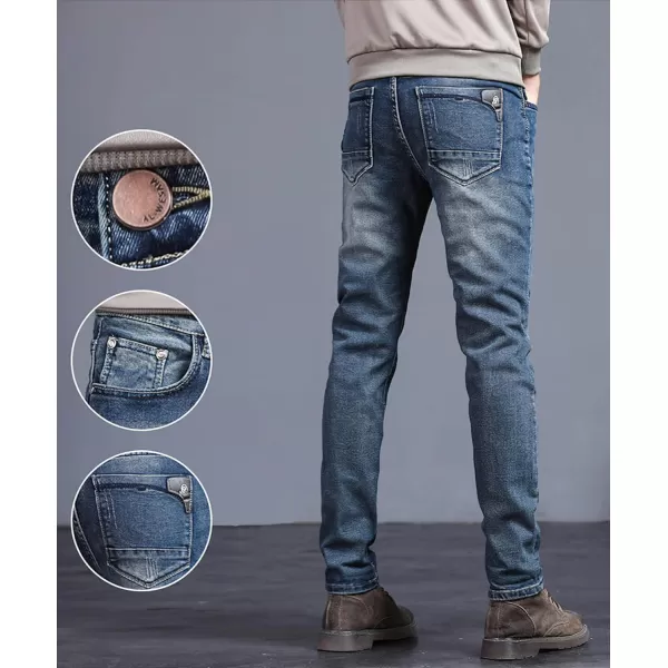 CHARTOU Men's Regular Fit Fleece Lined Tapered Leg Distressed Denim Jeans Pants