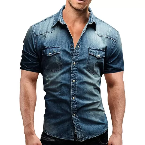 CHARTOU Men's Spread Collar Short Sleeve Ripped Slim Fit Wash Work Denim Shirt