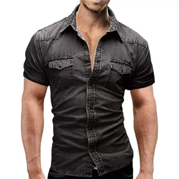 CHARTOU Men's Spread Collar Short Sleeve Ripped Slim Fit Wash Work Denim Shirt