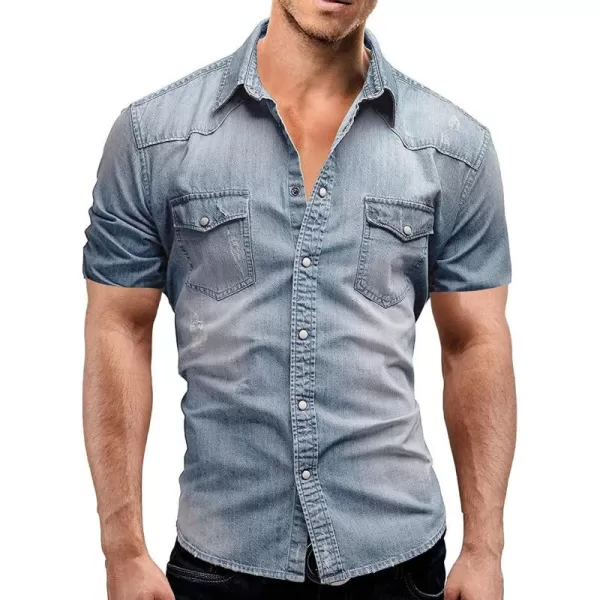 CHARTOU Men's Spread Collar Short Sleeve Ripped Slim Fit Wash Work Denim Shirt