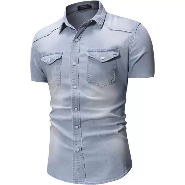 CHARTOU Men's Spread Collar Short Sleeve Ripped Slim Fit Wash Work Denim Shirt