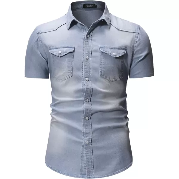 CHARTOU Men's Spread Collar Short Sleeve Ripped Slim Fit Wash Work Denim Shirt