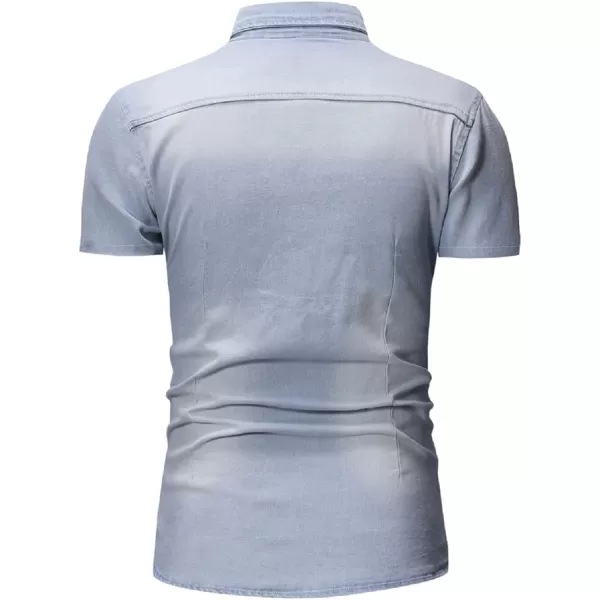 CHARTOU Men's Spread Collar Short Sleeve Ripped Slim Fit Wash Work Denim Shirt