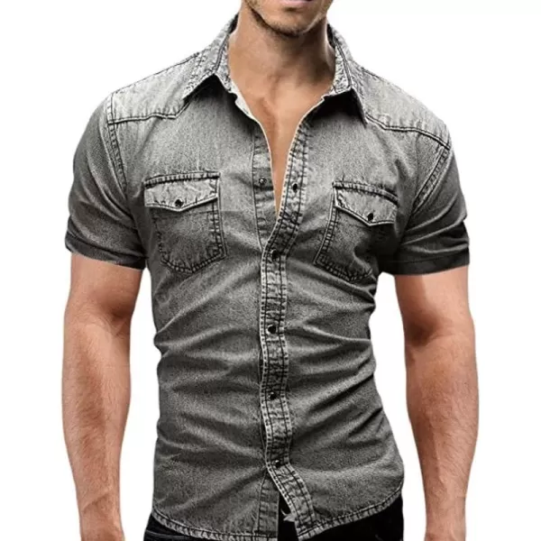CHARTOU Men's Spread Collar Short Sleeve Ripped Slim Fit Wash Work Denim Shirt