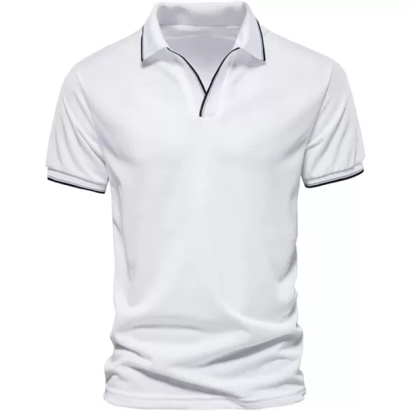 CHARTOU Men's Summer Basic Johnny Collar Short Sleeve Golf Striped Top Polo Shirt