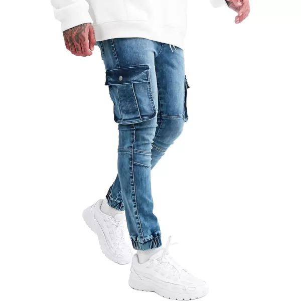 CHARTOU Men's Vintage Distressed Drawstring Elastic Waist Tapered Jogger Denim Cargo Jeans Pants