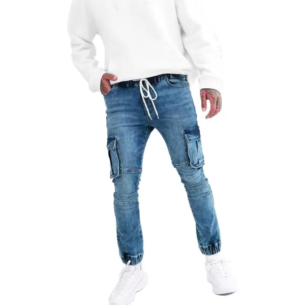 CHARTOU Men's Vintage Distressed Drawstring Elastic Waist Tapered Jogger Denim Cargo Jeans Pants