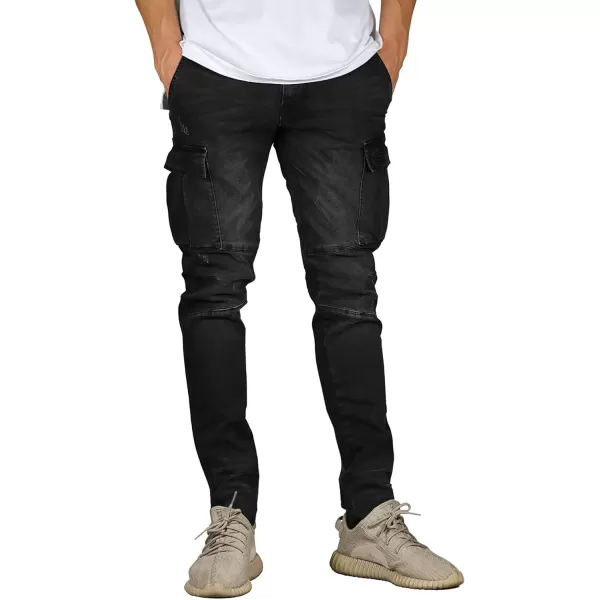 CHARTOU Men's Wash Distressed Stretchy Skinny Tapered Leg Long Cargo Denim Jeans Pants
