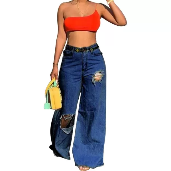 CHARTOU Women Baggy Ripped High Waist Wide Leg Jeans Distressed Denim Cargo Pants Bell Bottom Palazzo Jeans