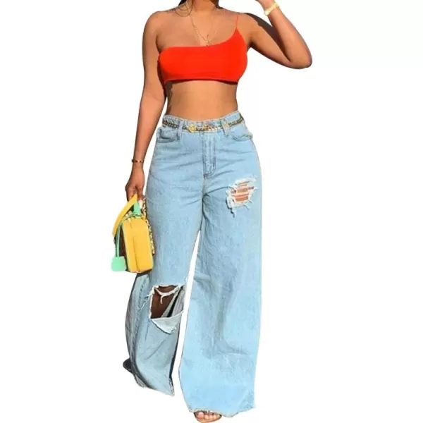 CHARTOU Women Baggy Ripped High Waist Wide Leg Jeans Distressed Denim Cargo Pants Bell Bottom Palazzo Jeans