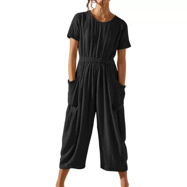CHARTOU Women Casual Linen Short Sleeve Cropped Jumpsuit with Pockets Wide Leg Elastic Waist Summer Romper